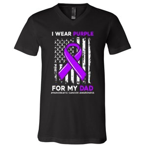 I Wear Purple For My Dad Father Pancreatic Cancer Awareness V-Neck T-Shirt