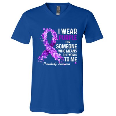 I Wear Purple For Someone Special Prematurity Awareness Gift V-Neck T-Shirt