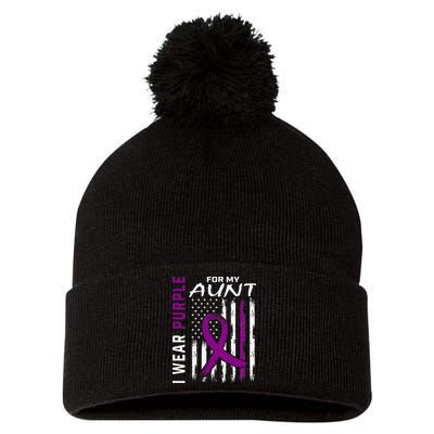 I Wear Purple For My Aunt Lupus Awareness American Flag Pom Pom 12in Knit Beanie