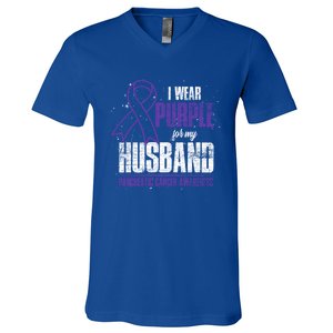 I Wear Purple For My Husband Pancreatic Cancer Awareness Gift V-Neck T-Shirt