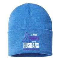 I Wear Purple For My Husband Pancreatic Cancer Awareness Gift Sustainable Knit Beanie