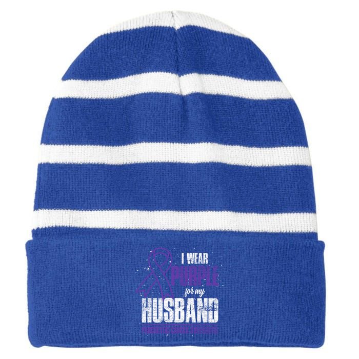 I Wear Purple For My Husband Pancreatic Cancer Awareness Gift Striped Beanie with Solid Band