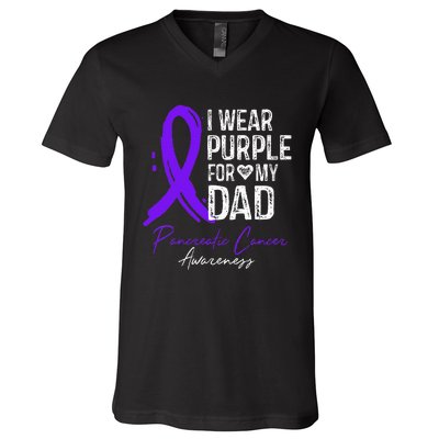 I Wear Purple For My Dad Pancreatic Cancer Awareness  V-Neck T-Shirt