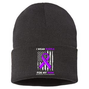 I Wear Purple For My Mom Mother Pancreatic Cancer Awareness  Sustainable Knit Beanie