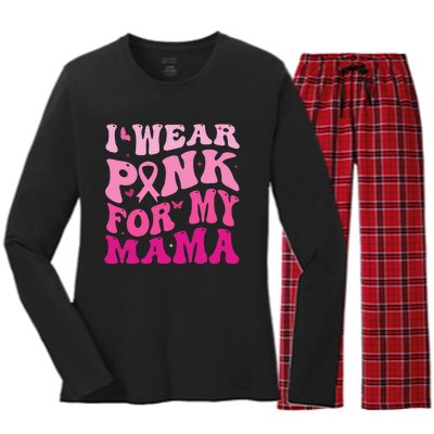 I Wear Pink for my Mama Groovy Breast Cancer Women's Long Sleeve Flannel Pajama Set 