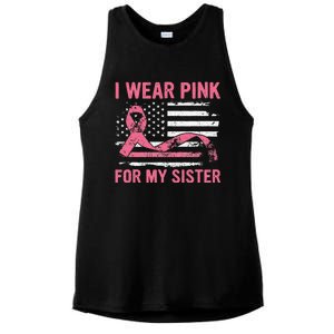 I Wear Pink For My Sister Breast Cancer Awareness USA Flag Ladies PosiCharge Tri-Blend Wicking Tank