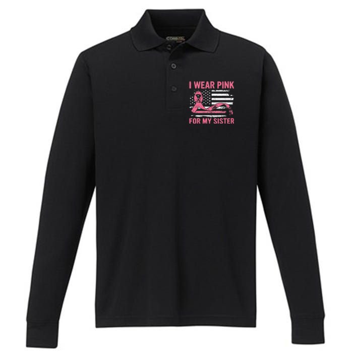 I Wear Pink For My Sister Breast Cancer Awareness USA Flag Performance Long Sleeve Polo