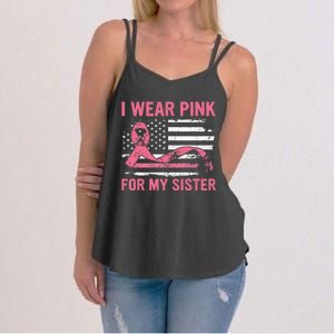 I Wear Pink For My Sister Breast Cancer Awareness USA Flag Women's Strappy Tank