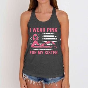 I Wear Pink For My Sister Breast Cancer Awareness USA Flag Women's Knotted Racerback Tank