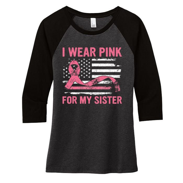 I Wear Pink For My Sister Breast Cancer Awareness USA Flag Women's Tri-Blend 3/4-Sleeve Raglan Shirt