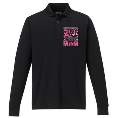 I Wear Pink My Mom Breast Cancer Awareness Kids Support Performance Long Sleeve Polo