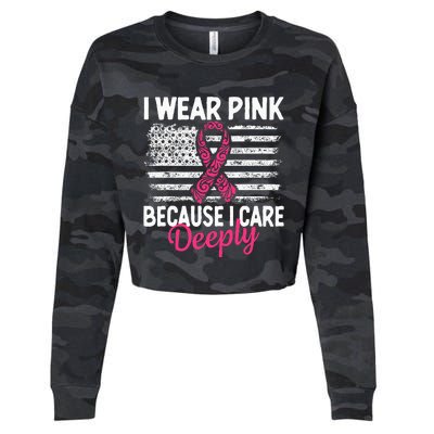 I Wear Pink because i Care Usa Flag Breast Cancer Awareness Cropped Pullover Crew