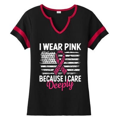 I Wear Pink because i Care Usa Flag Breast Cancer Awareness Ladies Halftime Notch Neck Tee