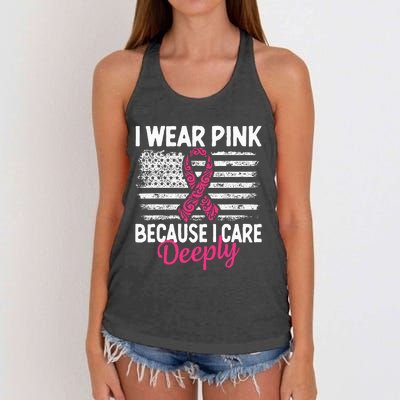 I Wear Pink because i Care Usa Flag Breast Cancer Awareness Women's Knotted Racerback Tank