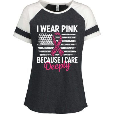 I Wear Pink because i Care Usa Flag Breast Cancer Awareness Enza Ladies Jersey Colorblock Tee