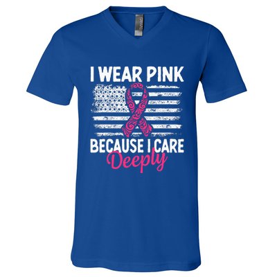 I Wear Pink because i Care Usa Flag Breast Cancer Awareness V-Neck T-Shirt