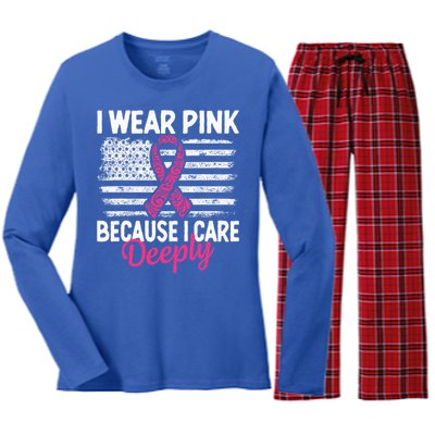 I Wear Pink because i Care Usa Flag Breast Cancer Awareness Women's Long Sleeve Flannel Pajama Set 