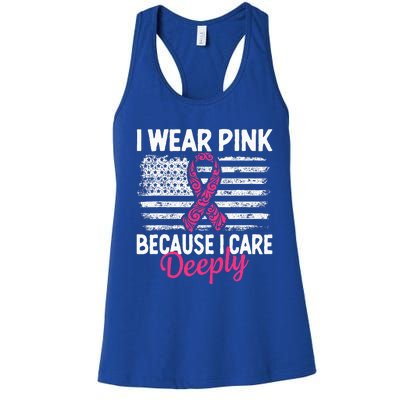 I Wear Pink because i Care Usa Flag Breast Cancer Awareness Women's Racerback Tank