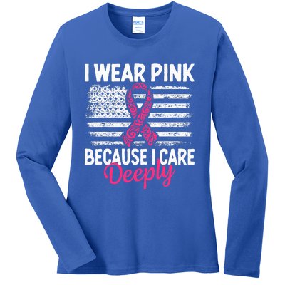 I Wear Pink because i Care Usa Flag Breast Cancer Awareness Ladies Long Sleeve Shirt