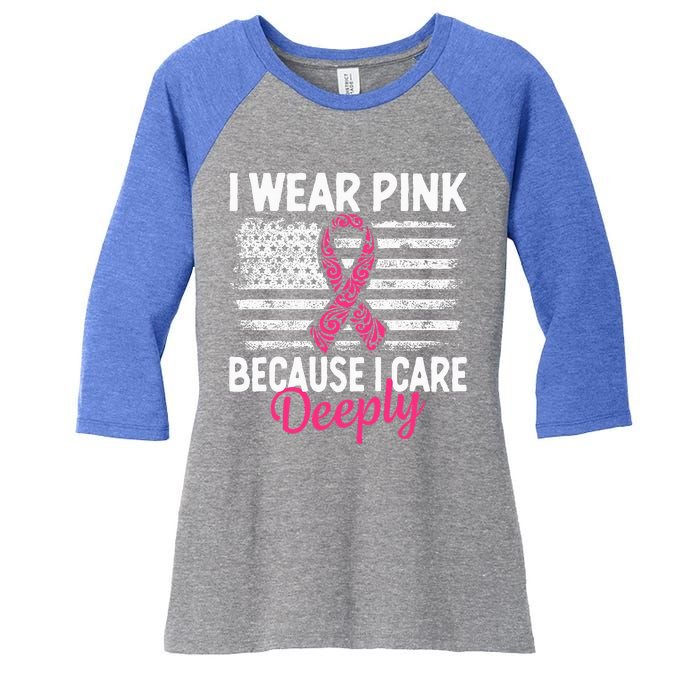 I Wear Pink because i Care Usa Flag Breast Cancer Awareness Women's Tri-Blend 3/4-Sleeve Raglan Shirt