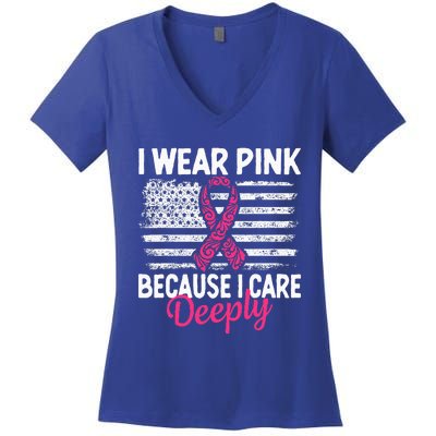 I Wear Pink because i Care Usa Flag Breast Cancer Awareness Women's V-Neck T-Shirt