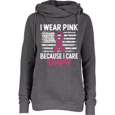 I Wear Pink because i Care Usa Flag Breast Cancer Awareness Womens Funnel Neck Pullover Hood