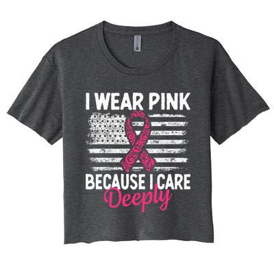 I Wear Pink because i Care Usa Flag Breast Cancer Awareness Women's Crop Top Tee