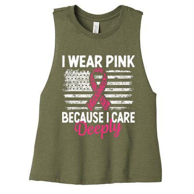 I Wear Pink because i Care Usa Flag Breast Cancer Awareness Women's Racerback Cropped Tank