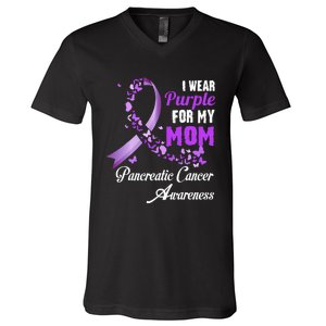 I Wear Purple For My Mom Family Pancreatic Cancer Awareness V-Neck T-Shirt