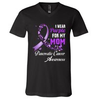 I Wear Purple For My Mom Family Pancreatic Cancer Awareness V-Neck T-Shirt