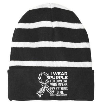 I Wear Purple For Dementia Support Alzheimers Awareness Striped Beanie with Solid Band