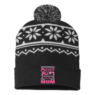 I Wear Pink For My Mom Breast Cancer Awareness Kids Support USA-Made Snowflake Beanie