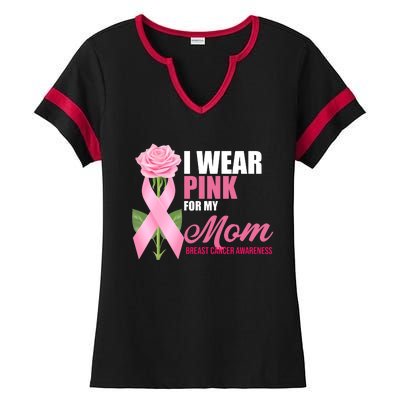 I Wear Pink For My Mom Breast Cancer Floral Ribbon Ladies Halftime Notch Neck Tee