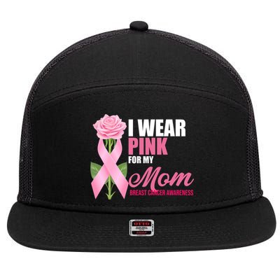 I Wear Pink For My Mom Breast Cancer Floral Ribbon 7 Panel Mesh Trucker Snapback Hat