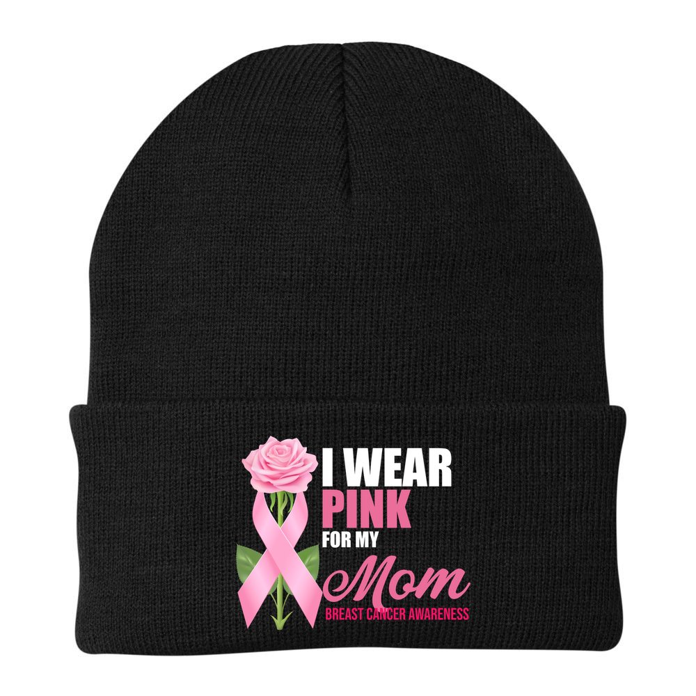 I Wear Pink For My Mom Breast Cancer Floral Ribbon Beanie