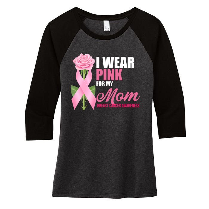 I Wear Pink For My Mom Breast Cancer Floral Ribbon Women's Tri-Blend 3/4-Sleeve Raglan Shirt