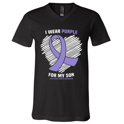 I Wear Purple For My Son Testicular Cancer Awareness V-Neck T-Shirt