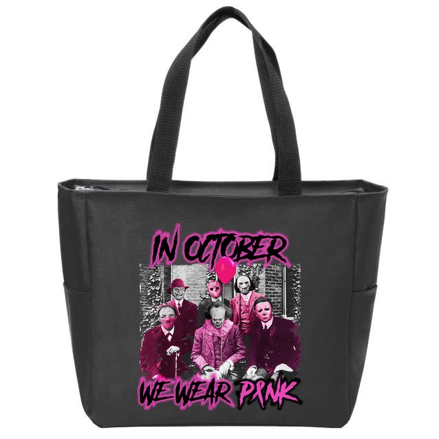 I Wear Pink For Breast Cancer In October Halloween Movies Zip Tote Bag