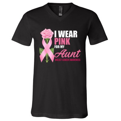 I Wear Pink For My Aunt Breast Cancer Floral Ribbon V-Neck T-Shirt