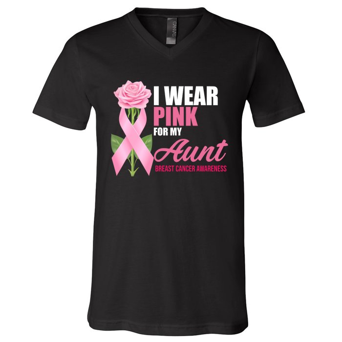 I Wear Pink For My Aunt Breast Cancer Floral Ribbon V-Neck T-Shirt