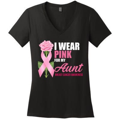 I Wear Pink For My Aunt Breast Cancer Floral Ribbon Women's V-Neck T-Shirt