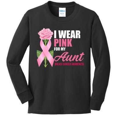 I Wear Pink For My Aunt Breast Cancer Floral Ribbon Kids Long Sleeve Shirt