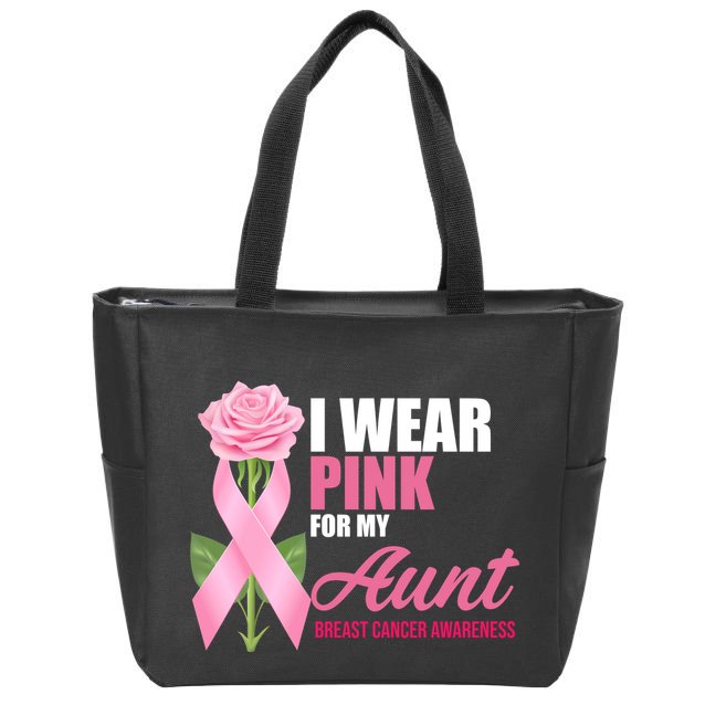 I Wear Pink For My Aunt Breast Cancer Floral Ribbon Zip Tote Bag