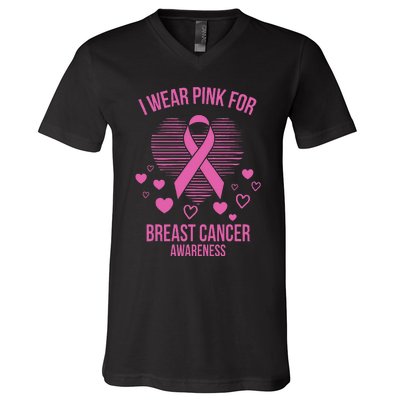 I Wear Pink Ribbon Heart Cool Breast Cancer Awareness Gift V-Neck T-Shirt