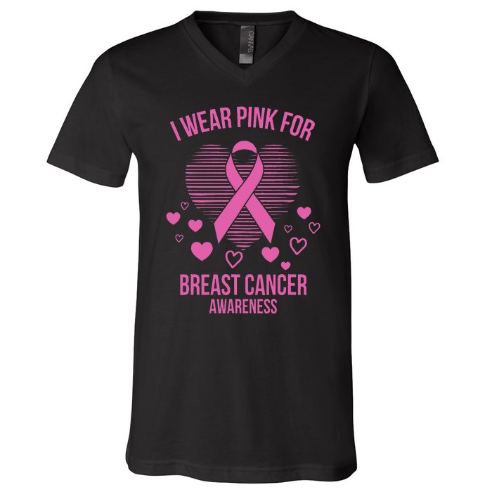 I Wear Pink Ribbon Heart Cool Breast Cancer Awareness Gift V-Neck T-Shirt