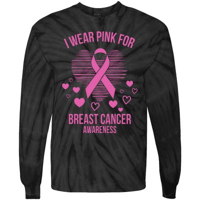 I Wear Pink Ribbon Heart Cool Breast Cancer Awareness Gift Tie-Dye Long Sleeve Shirt