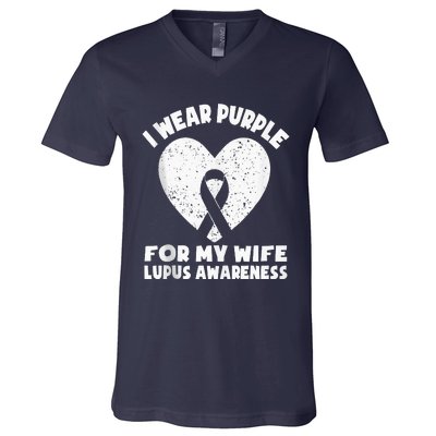 I Wear Purple For My Wife Lupus Awareness Month Ribbon V-Neck T-Shirt