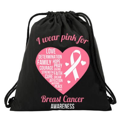 I Wear Pink Ribbon Heart Cool Breast Cancer Awareness Gift Drawstring Bag