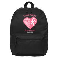 I Wear Pink Ribbon Heart Cool Breast Cancer Awareness Gift 16 in Basic Backpack