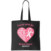 I Wear Pink Ribbon Heart Cool Breast Cancer Awareness Gift Tote Bag